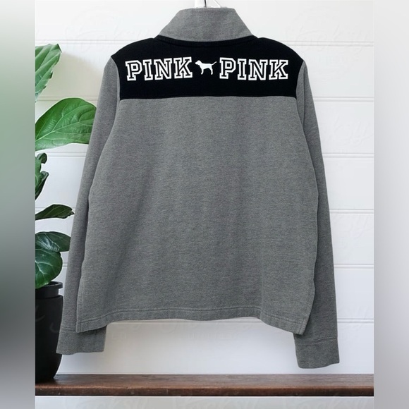 PINK Victoria's Secret Perfect Quarter Zip Sweatshirt Grey Logo Top Size M - Picture 2 of 9